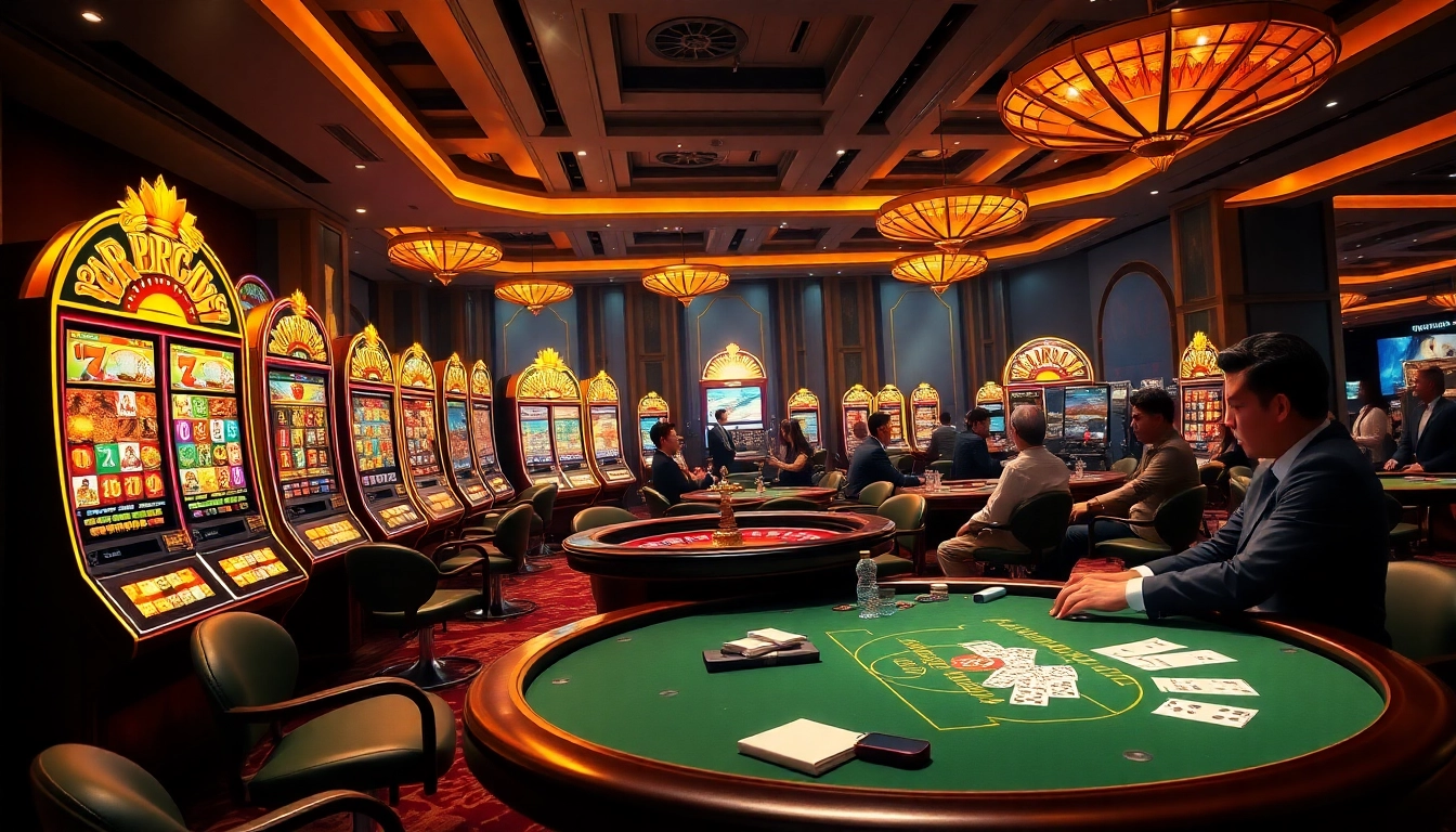 Winning players enjoying situs slot bonus new member with vibrant slot machines and poker tables.