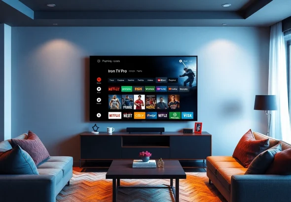 Iron tv pro displayed on a premium flat-screen TV in a cozy living room.