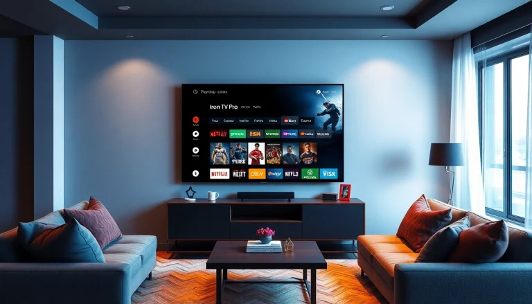 Iron tv pro displayed on a premium flat-screen TV in a cozy living room.