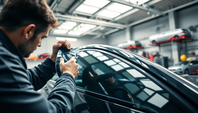 Observe expert window tinting Cleveland TN being applied to a vehicle in a professional garage setting.