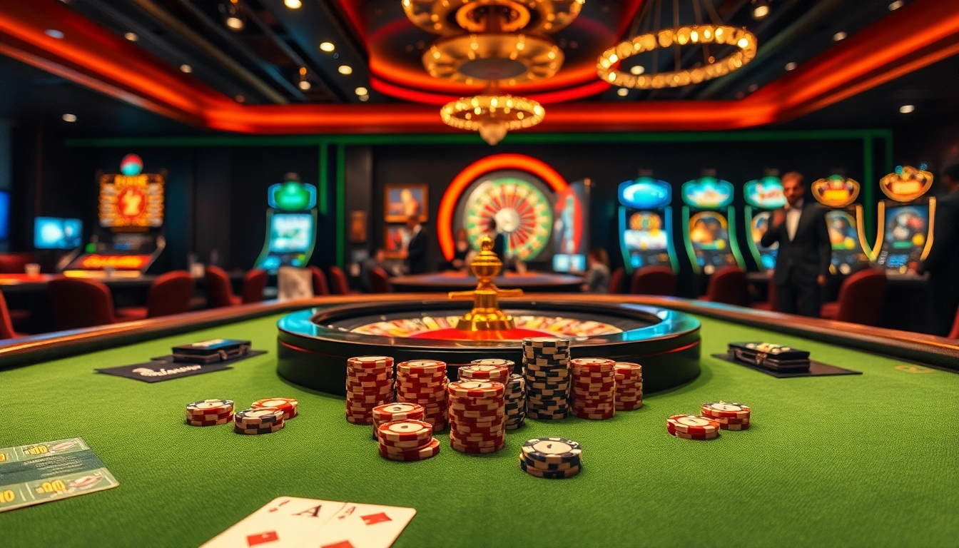 Experience casino en ligne france légal with vibrant poker table, cards, and roulette wheel in a luxurious setting.