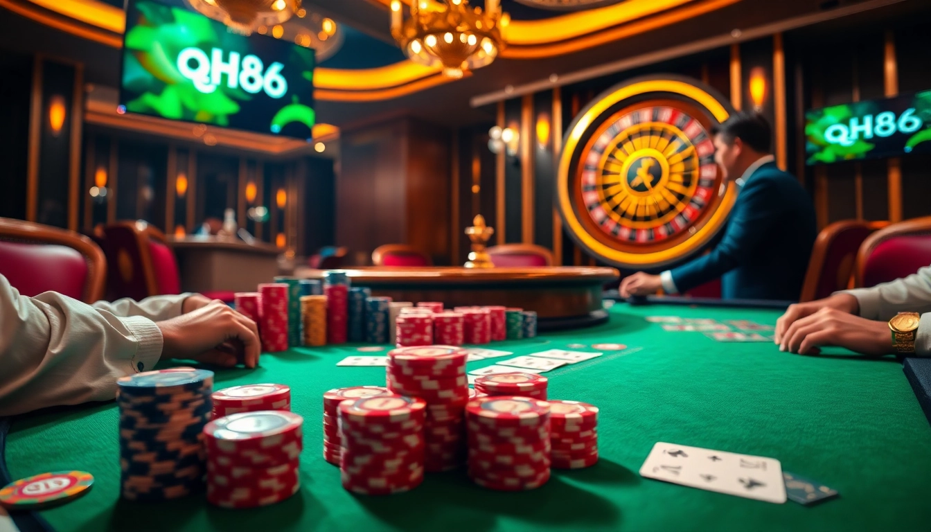Experience the thrill of poker at qh88, showcasing colorful chips and a vibrant casino atmosphere.