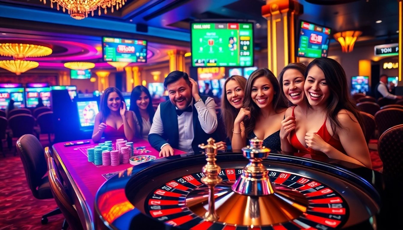 Excited players enjoying their time at the meilleur casino en ligne francais with roulette and vibrant ambiance.