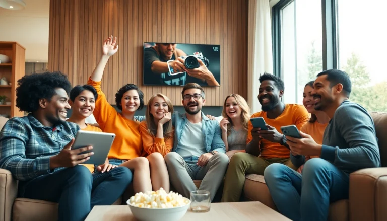 Viewers enjoying diverse content with Iron tv pro across various devices in a cozy living room setting.