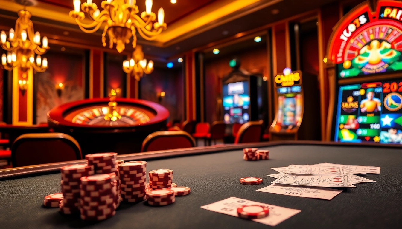 Engage in thrilling gameplay at CM88's vibrant casino scene with poker chips and roulette.