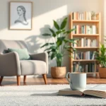 Visualize mental health tips in a serene therapy room with comforting elements.