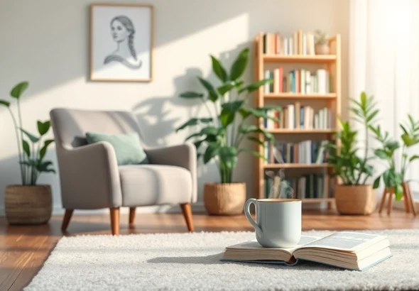 Visualize mental health tips in a serene therapy room with comforting elements.