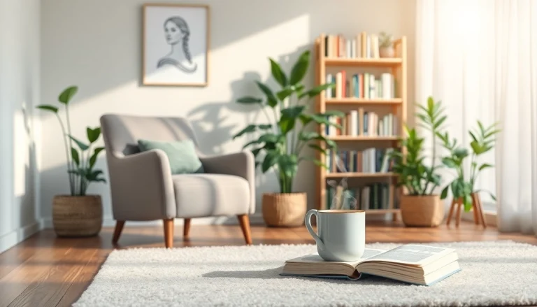 Visualize mental health tips in a serene therapy room with comforting elements.