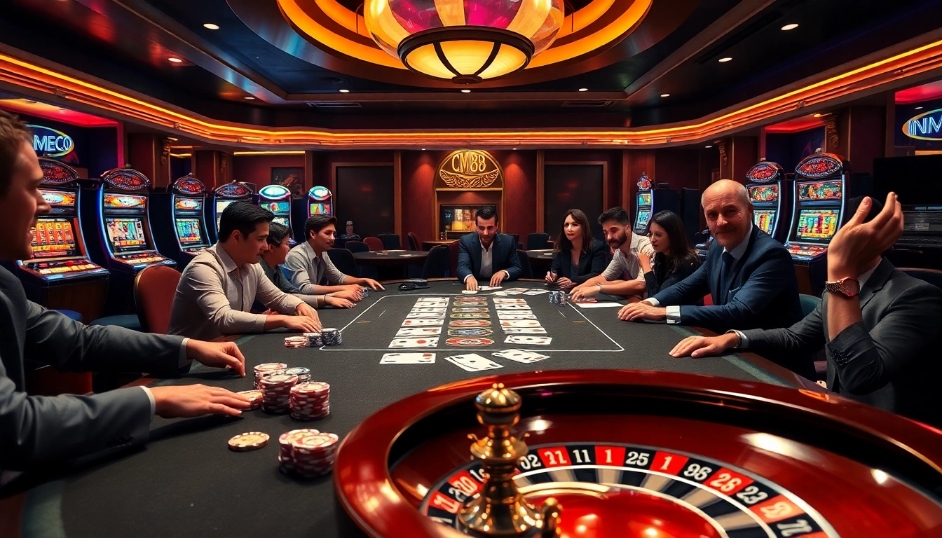 Exciting poker scene featuring CM88 chips and vibrant casino elements.